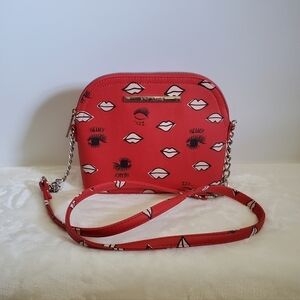 Betsey Johnson Red Silver Eyelashes Lips Crossbody Shoulder Bag Purse